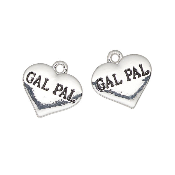 Charm, antique silver-finished enamel "pewter" (zinc-based alloy), black, 16x13mm heart with "Gal Pal". Sold per pkg of 2. image number 0