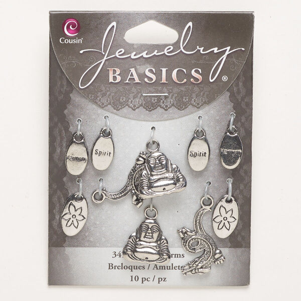 Charm and drop assortment, "pewter" (zinc-based alloy), pkg/10, antique silver finish, 12x8-25x15mm assorted sizes and shapes. image number 0