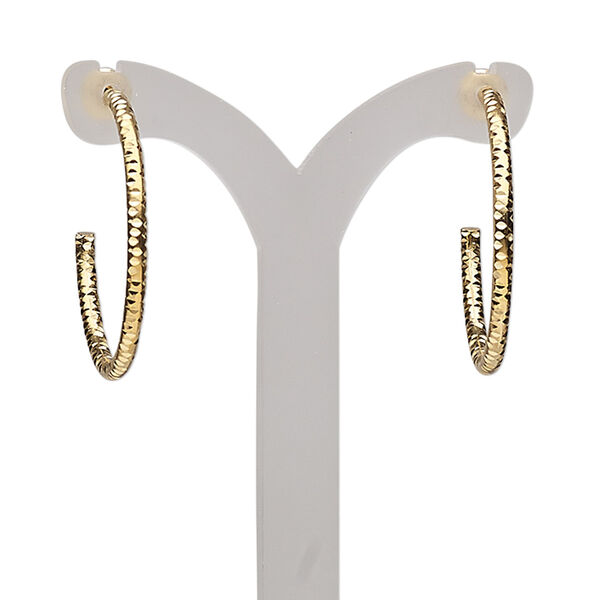 Earring, gold-plated brass, 25mm textured round hoop. Sold per pair. image number 0