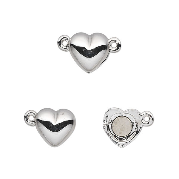 Clasp, magnetic, rhodium-plated pewter (tin-based alloy), 10x10mm heart. Sold individually. image number 0