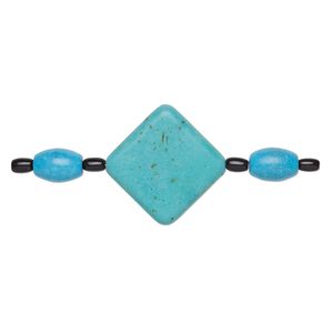 Bead mix, "turquoise" (imitation) resin and glass, blue-green / teal blue / black, 6x4mm barrel / 13x9mm barrel / 32x32mm puffed diamond. Sold per pkg of 7.