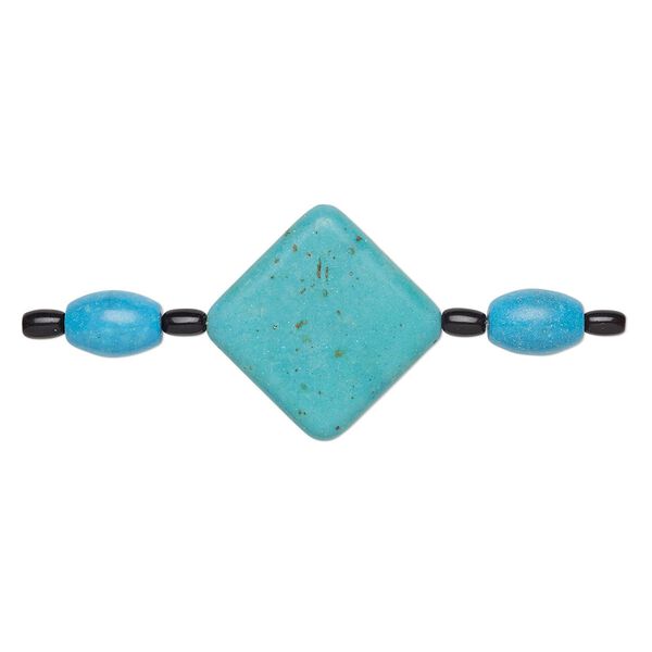 Bead mix, "turquoise" (imitation) resin and glass, blue-green / teal blue / black, 6x4mm barrel / 13x9mm barrel / 32x32mm puffed diamond. Sold per pkg of 7. image number 0