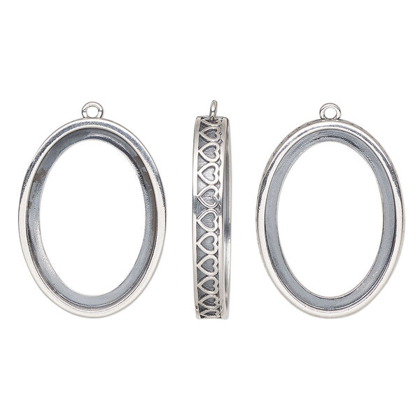 Drop, antiqued sterling silver, 28x20.5mm oval with 25x18mm oval setting and heart design with open back. Sold individually. image number 0