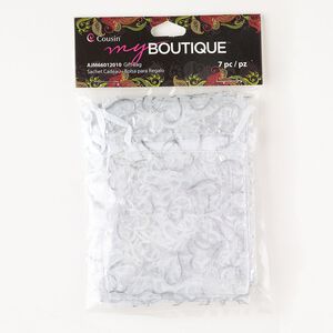 Pouch, organza, silver and white, 3x2-3/4 inch rectangle with heart pattern. Sold per pkg of 7.