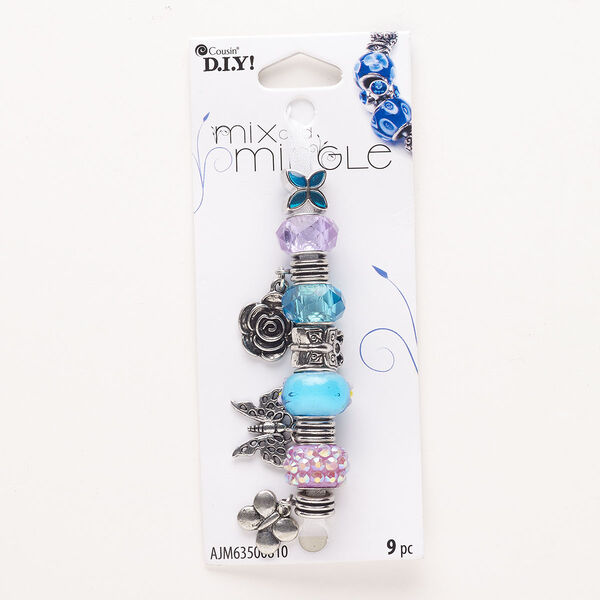 Bead assortment, "pewter" (zinc-based alloy) and glass, pkg/1, 5x8mm-14x10mm assorted shapes, antique silver finish and multicolored. image number 0