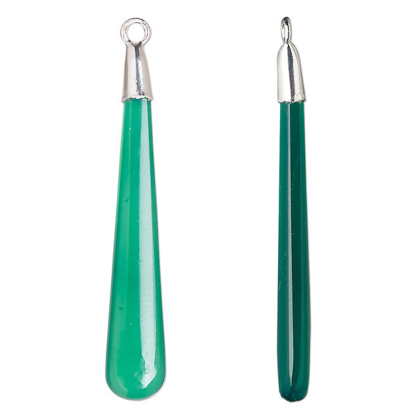 Focal, sterling silver and green onyx (dyed), 41x7mm hand-cut double-sided long teardrop, Mohs hardness 6-1/2 to 7. Sold individually. image number 0