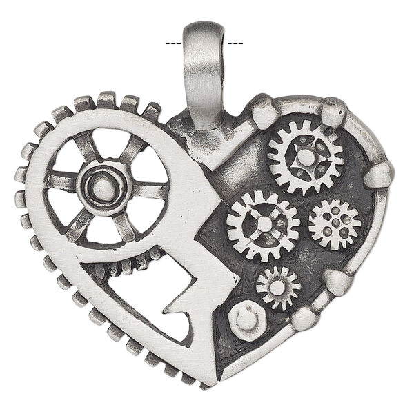 Pendant, Powerful Pewter Pendants, antiqued pewter (tin-based alloy), 39x38mm single-sided heart with gears and 6mm hole. Sold individually. image number 0