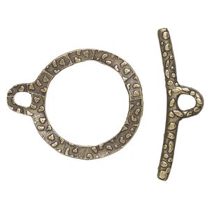 Clasp toggle 1pkg2, 26mm double-sided hammered wavy open round, antique gold-finished brass 1-strand