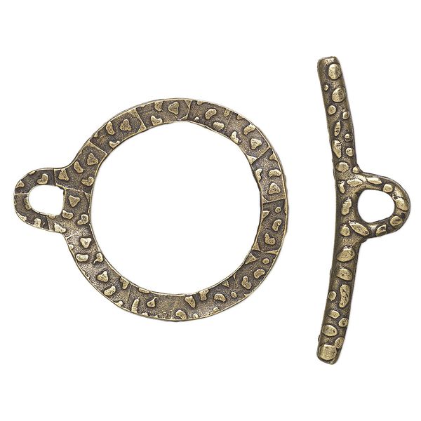 Clasp, toggle, antique gold-finished brass, 26mm double-sided hammered wavy open round. Sold per pkg of 2. image number 0