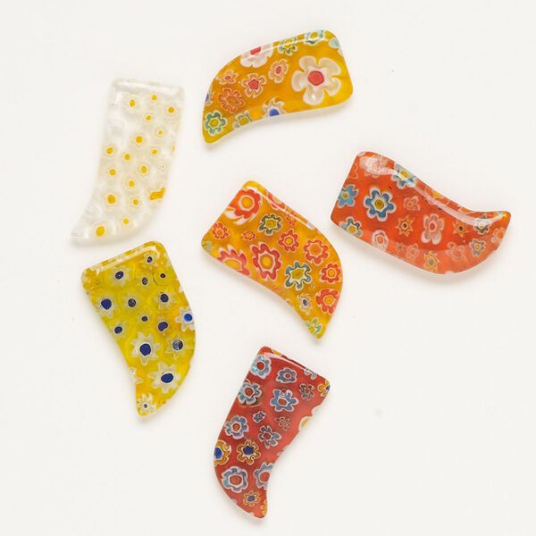 Component, millefiori glass, translucent red-orange and multicolored, 24x12mm-32x15mm undrilled talon. Sold per pkg of 6. image number 0