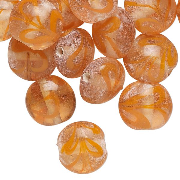 Bead, lampworked glass, translucent orange and pale orange, 13x8mm puffed flat round with swirl design. Sold per pkg of 40. image number 0