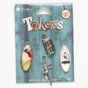 Drop, antique silver-finished "pewter" (zinc-based alloy) and resin, multicolored, 25x13mm-37x18mm assorted bird theme. Sold per pkg of 4.