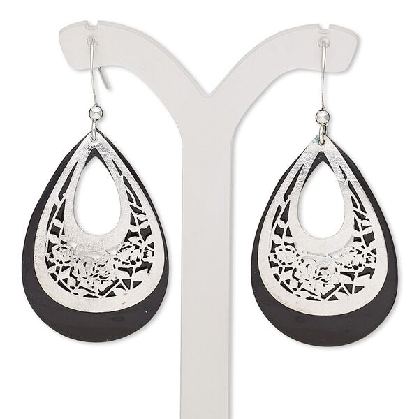 Earring, acrylic with imitation rhodium-plated brass and "pewter" (zinc-based alloy), black, 49.5mm with brushed teardrop and rose cutout design with fishhook ear wire. Sold per pair. image number 0