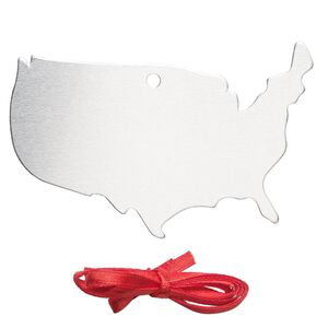 Ornament, ImpressArt®, aluminum and polyester, 1-7/8 x3 inch USA map with ribbon. Sold per pkg of 3.