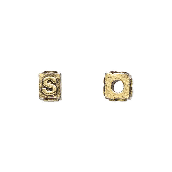 Bead, antique gold-plated pewter (tin-based alloy), 8x6mm rectangle with alphabet letter "S." Sold per pkg of 4. image number 0