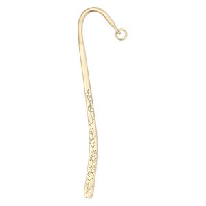 Bookmark, brass, 5-inch double-sided curved hook with engraved flowers and 7mm open jump ring. Sold per pkg of 2.