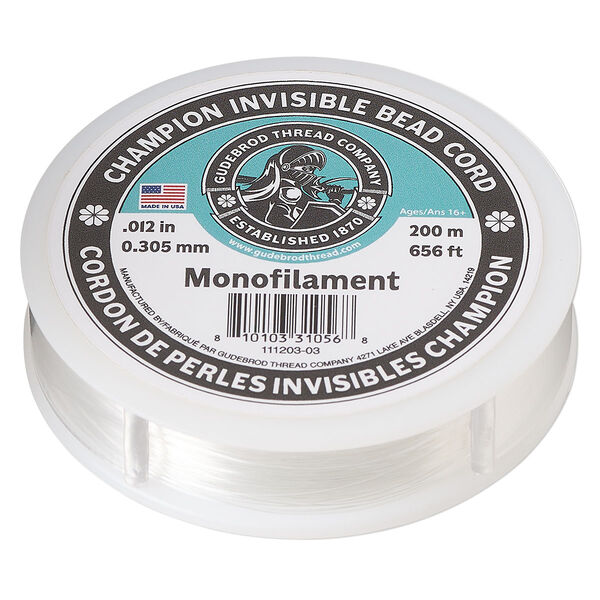 Cord, Gudebrod, nylon monofilament, clear, 0.012-inch, 6-pound test. Sold per 200-meter spool. image number 0