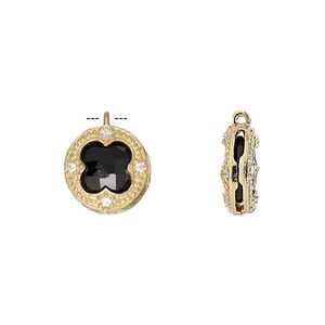 Drop, black onyx (dyed) / cubic zirconia / gold-finished sterling silver, clear, 12mm two-sided faceted round. Sold individually.