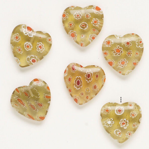 Bead, millefiori glass, translucent tan / red / white, 17-20mm half-drilled puffed heart. Sold per pkg of 6. image number 0