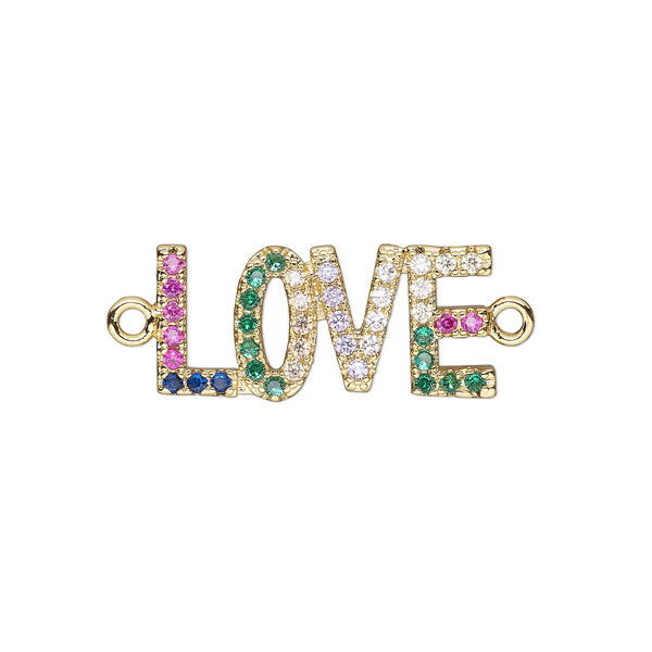 Link, cubic zirconia and gold-finished brass, multicolored, 20x9mm single-sided "LOVE." Sold individually. image number 0