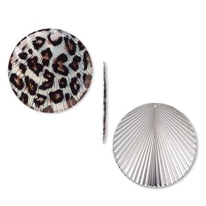 Focal, resin and silver-plated steel, black and brown, 40mm single-sided round with cheetah pattern and textured back. Sold individually.