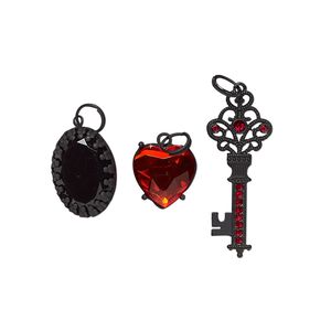 Focal / drop / charm, Metal Accent, acrylic / steel / "pewter" (zinc-based alloy), black and red, 19x19mm matte heart / 26x19mm matte oval / 50x19mm matte key. Sold per pkg of 3.