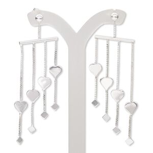 Earring, sterling silver, 2-1/2 inches with heart and diamond design with post. Sold per pair.