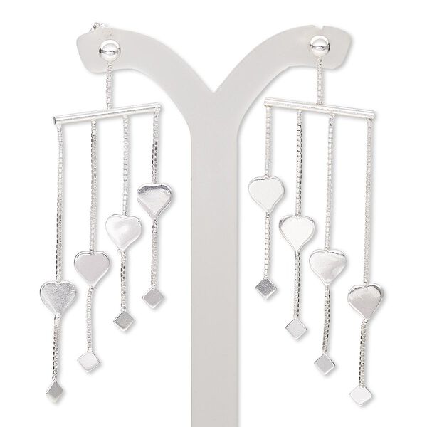 Earring, sterling silver, 2-1/2 inches with heart and diamond design with post. Sold per pair. image number 0