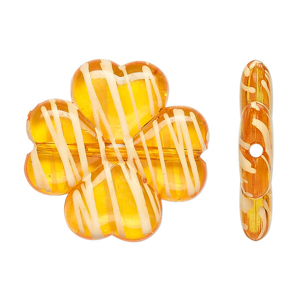 Bead, acrylic, semitransparent orange and white, 27x26mm 4-leaf clover with painted line design. Sold per pkg of 32. image number 0