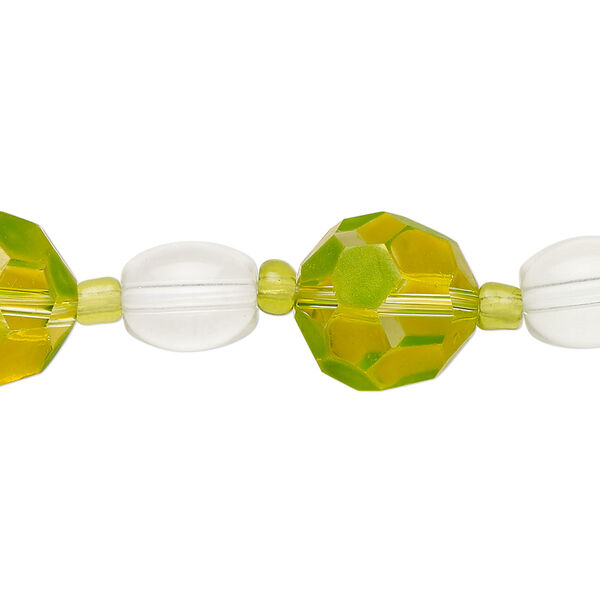 Bead, lampworked glass, translucent and transparent clear / green / yellow, 13mm faceted round / 10x8mm oval / #8 seed bead. Sold per 8-inch strand, approximately 25 beads. image number 0