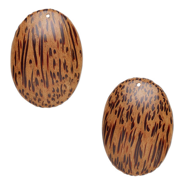 Focal, coconut palm wood (waxed), 40x29mm hand-cut top-drilled domed oval. Sold per pkg of 2. image number 0