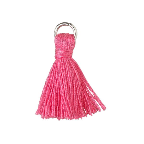 Tassel, cotton and imitation rhodium-finished steel, fuchsia, 20-24mm mini tassel with 6mm open jump ring. Sold per pkg of 6. image number 0