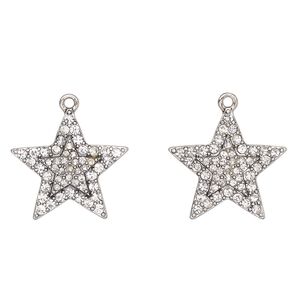 Charm, antique silver finish "pewter" (zinc-based alloy) and glass, clear, 25x24mm star. Sold per pkg of 2.