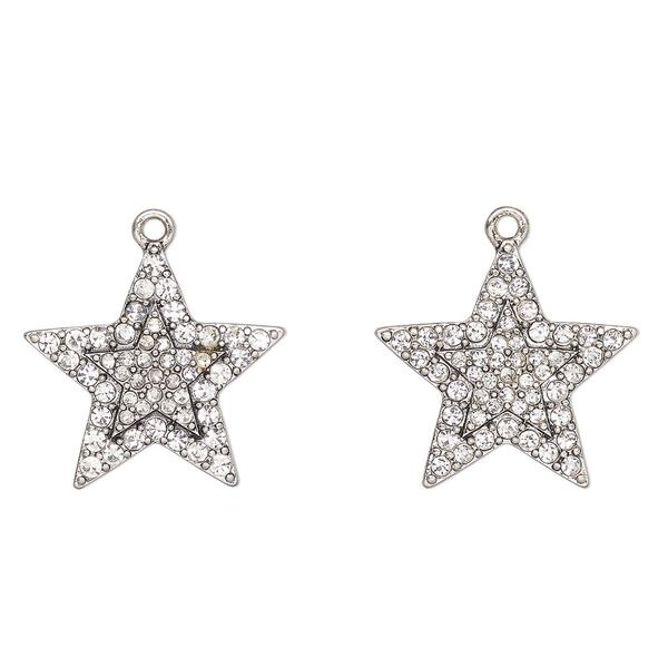 Charm, antique silver finish "pewter" (zinc-based alloy) and glass, clear, 25x24mm star. Sold per pkg of 2. image number 0