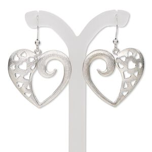 Earring, imitation rhodium-plated steel and brass, 38mm with brushed open heart and heart cutout design with fishhook ear wire. Sold per pair.
