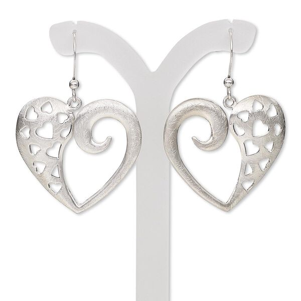 Earring, imitation rhodium-plated steel and brass, 38mm with brushed open heart and heart cutout design with fishhook ear wire. Sold per pair. image number 0