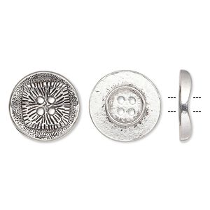 Button, antiqued silver-finished "pewter" (zinc-based alloy), 21mm single-sided wavy flat round with textured square design. Sold per pkg of 20.