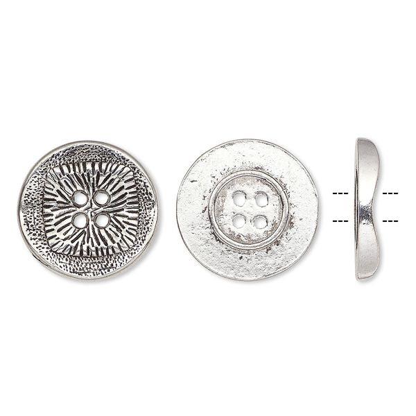 Button, antiqued silver-finished "pewter" (zinc-based alloy), 21mm single-sided wavy flat round with textured square design. Sold per pkg of 20. image number 0