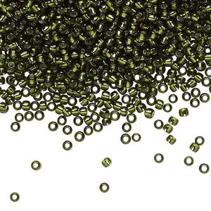 Seed bead, TOHO BEADS®, glass, pkg/250g, #11 round, transparent silver-lined olivine (TR-11-37).