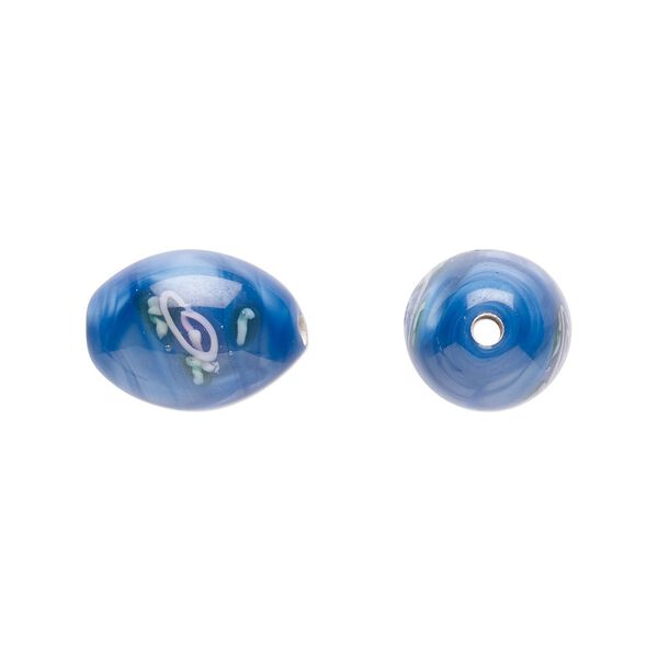 Bead, Czech lampworked glass, opaque blue / pink / green, 12x8mm-13x9mm olive with flower design. Sold per pkg of 4. image number 0