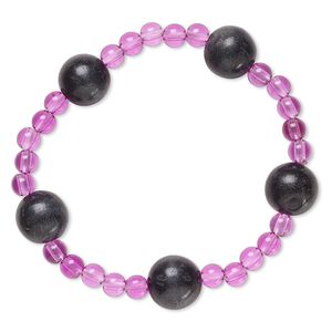 Bracelet, stretch, blackstone (dyed) and acrylic, purple, 5mm and 12-13mm round, 6-1/2 inches. Sold individually.