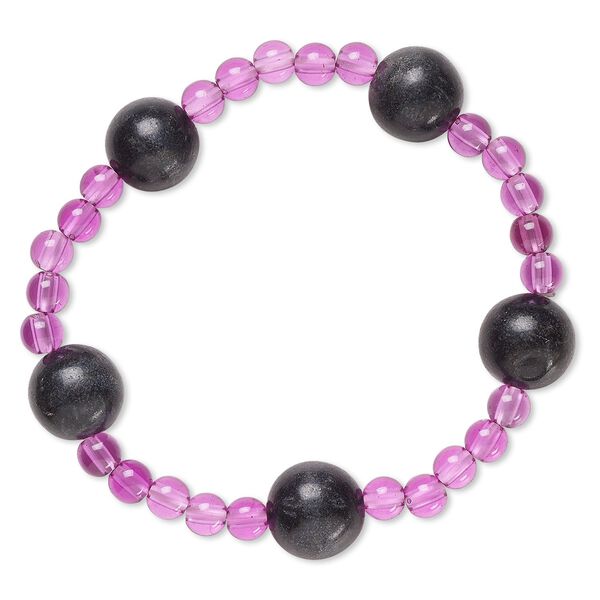 Bracelet, stretch, blackstone (dyed) and acrylic, purple, 5mm and 12-13mm round, 6-1/2 inches. Sold individually. image number 0