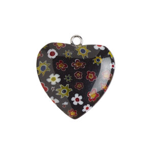 Component 1pkg1, silver-finished steel / millefiori glass, opaque and translucent black / multicolored, 22-23mm puffed heart.