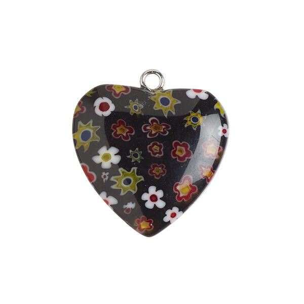 Component 1pkg1, silver-finished steel / millefiori glass, opaque and translucent black / multicolored, 22-23mm puffed heart. image number 0