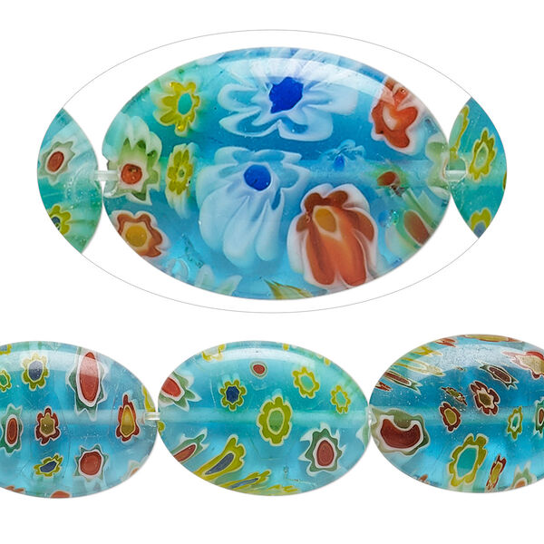 Bead, millefiori glass, translucent aqua blue multicolored, 18x13mm puffed oval. Sold per 15-inch strand, approximately 20 beads. image number 0