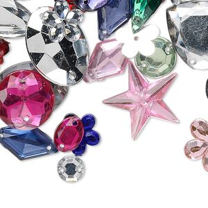 Sew-on and glue-on mix, acrylic rhinestone, translucent and transparent mixed colors, foil back, 5mm-25x21mm mixed shape. Sold per 100-gram pkg, approximately 600 pieces.
