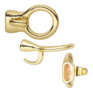 Clasp hook 1pkg2 "pewter" (zinc alloy), 33x22mm / 14mm ring / fits 10x4.5mm cord, gold-finished 1-strand