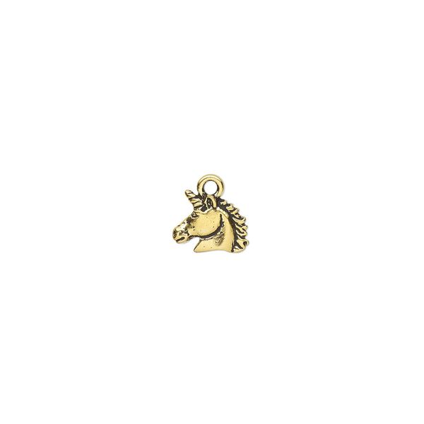 Charm, TierraCast®, antique gold-plated pewter (tin-based alloy), 13.5x12mm double-sided unicorn. Sold per pkg of 2. image number 0
