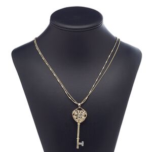 Necklace, 2-strand, glass / gold-finished steel / brass / "pewter" (zinc-based alloy), clear, 69x25mm key, 36 inches with 2-inch extender chain and lobster claw clasp. Sold individually.