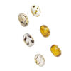 Bead, Dione&reg;, lampworked glass and gold-finished brass grommets, transparent brown and opaque multicolored, 12x8mm-16x9mm rondelle with assorted designs. Sold per pkg of 6. image number 0